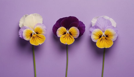 Three pansy flowers on purple background, top view, flat layの素材