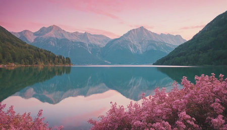Beautiful view of alpine lake with pink flowers and mountains reflected in waterの素材