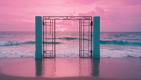 Wedding gate on the beach at sunset, vintage style.の素材