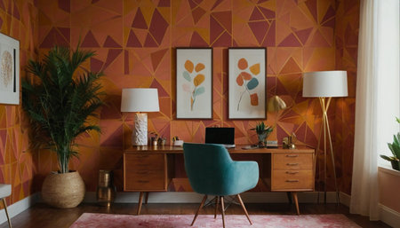 Interior of modern office room with orange wall and wooden furniture.の素材