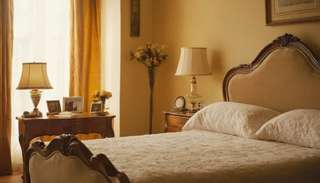 Interior of a hotel bedroom with a vintage bed and a lampの素材