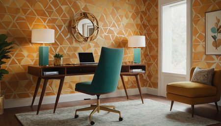 Interior of modern room with comfortable armchair, laptop and lampの素材