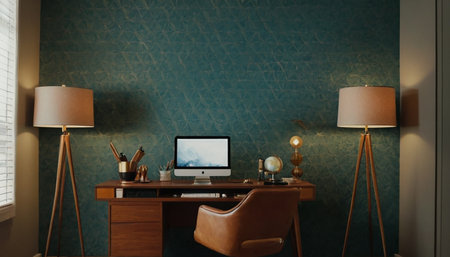 Comfortable workplace with computer on table in room. 3d renderingの素材