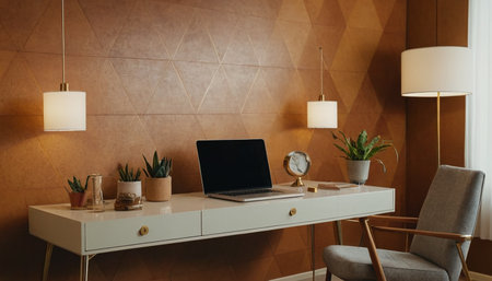Laptop on a table in a room with brown tile wall.の素材