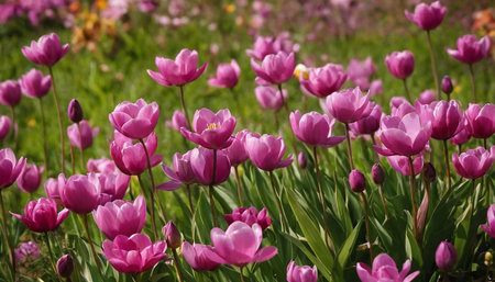 Tulips in full bloom in the spring garden. Spring flowers.の素材