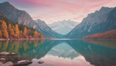 Mountain lake at sunset. Colorful autumn landscape in mountains.の素材