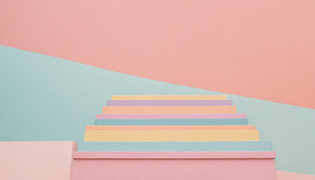 Colorful stairs on pastel background with copy space. Minimal style.の素材