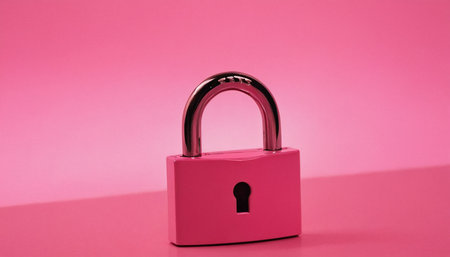 Pink padlock on a pink background, close-up, copy spaceの素材