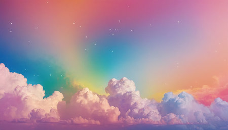 Colorful rainbow background with clouds and stars. 3d illustration.の素材