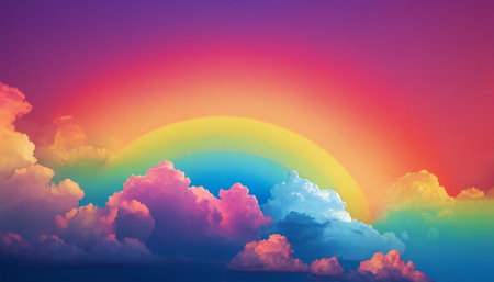 Colorful rainbow in the sky with clouds. 3d illustration.の素材
