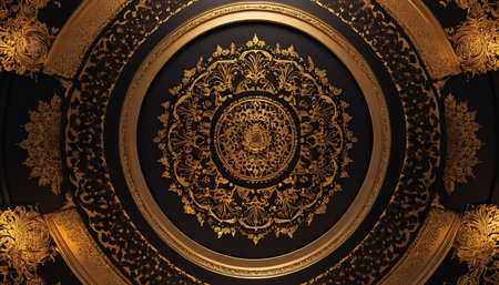 Luxury black background with golden ornament. 3D illustration.の素材