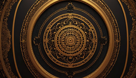 3d illustration of a spiral staircase with gold ornament on a black backgroundの素材