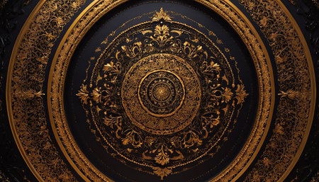 Vintage gold pattern on black background. 3d rendering, 3d illustration.の素材