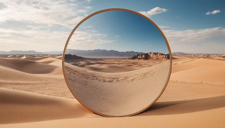 Mirror in the sand dunes of the Sahara desert, Moroccoの素材