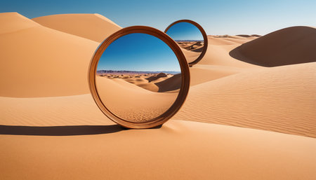 Round mirror in the sand dunes of the Sahara desert, Moroccoの素材