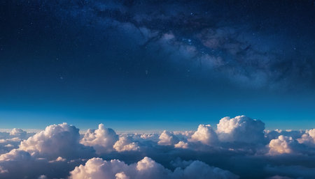 Aerial view of beautiful night sky with clouds and stars. Panoramic image.の素材