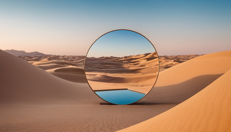 Round mirror in the sand dunes of the Sahara desert, Moroccoの素材