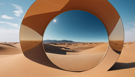 3d render of desert landscape with round window and sand dunesの素材