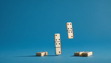 Domino effect concept. Domino effect on a blue background.の素材
