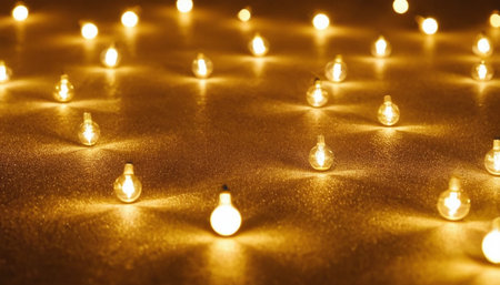 Glowing incandescent light bulbs on golden background, closeupの素材