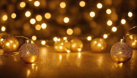 Christmas background with golden baubles, bokeh and lightsの素材