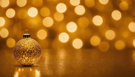 Golden christmas ball on gold bokeh background with copy spaceの素材