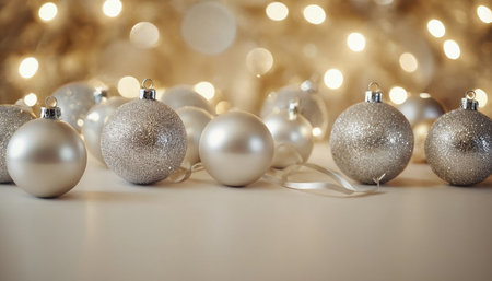 Silver christmas baubles decoration on bokeh background.の素材