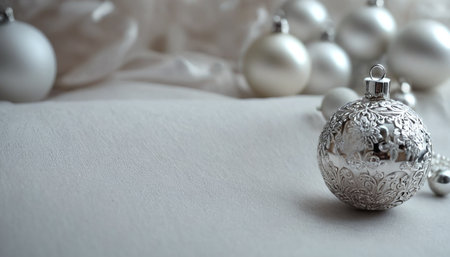 Silver christmas balls on white fabric background with copy space for textの素材