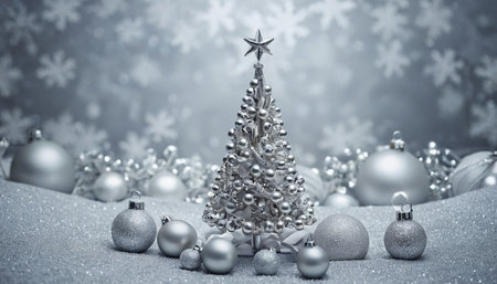 Silver christmas tree with decoration on snow background. 3D illustration.の素材