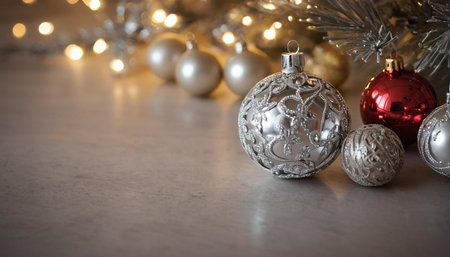 Silver and red christmas baubles on the background of a Christmas treeの素材