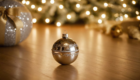 Christmas decoration on the wooden floor with bokeh lights in backgroundの素材