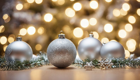 Christmas baubles on wooden table with bokeh background.の素材