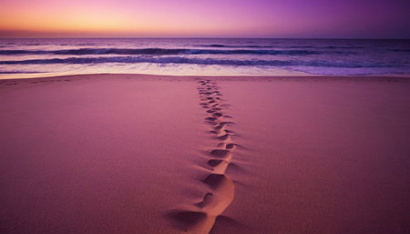 Footprints in the sand on the beach at sunset. Nature backgroundの素材