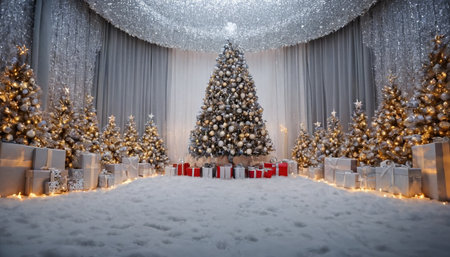 Christmas tree and gifts on a background of white curtains. Christmas background.の素材