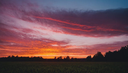 Sunset over a field of green grass and trees in the backgroundの素材