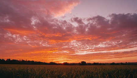 Sunset over a wheat field with beautiful clouds in the sky.の素材