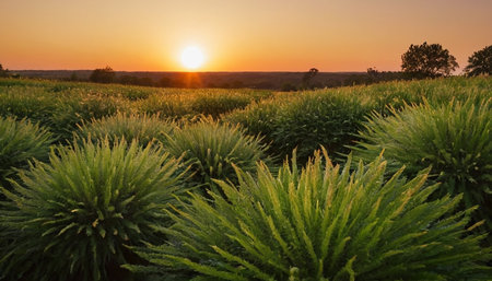 Sunset over the field with tall grass and trees in the backgroundの素材
