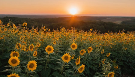 Sunflower field at sunset. Beautiful summer landscape with sunflowers.の素材