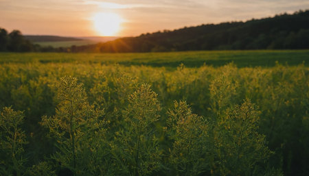 Sunset over a field with green grass and flowers in the foregroundの素材