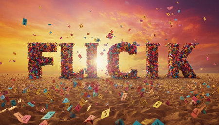 Colorful letters with the word Flick on the beach in the sunsetの素材