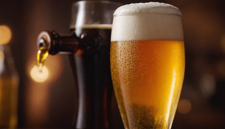 Pouring beer into glass against blurred background with bokeh effectの素材