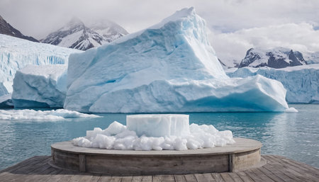 Ice cubes on a wooden platform in front of icebergs in Patagoniaの素材