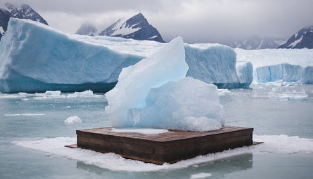 Antarctic landscape with icebergs and wooden pier in the foregroundの素材