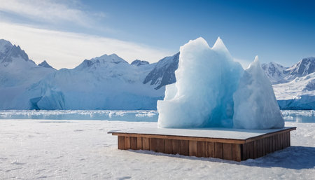 Antarctic landscape with icebergs and wooden platform in the foregroundの素材