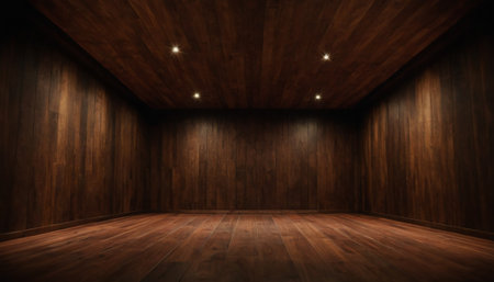 3D rendering of an empty room with a wooden floor and a ceiling.の素材