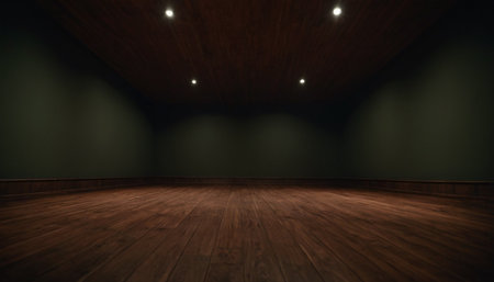 3d rendering of empty room with wooden floor and ceiling in dark roomの素材