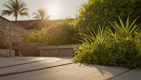 Wooden terrace in the garden with palm trees and flowers.の素材