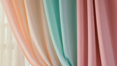 Curtain interior decoration in living room at home. Colorful curtains background.の素材