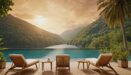 Swimming pool with sun loungers on the terrace.の素材