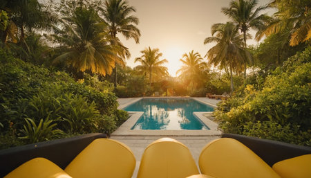 Swimming pool in luxury hotel resort with palm trees and sunset.の素材